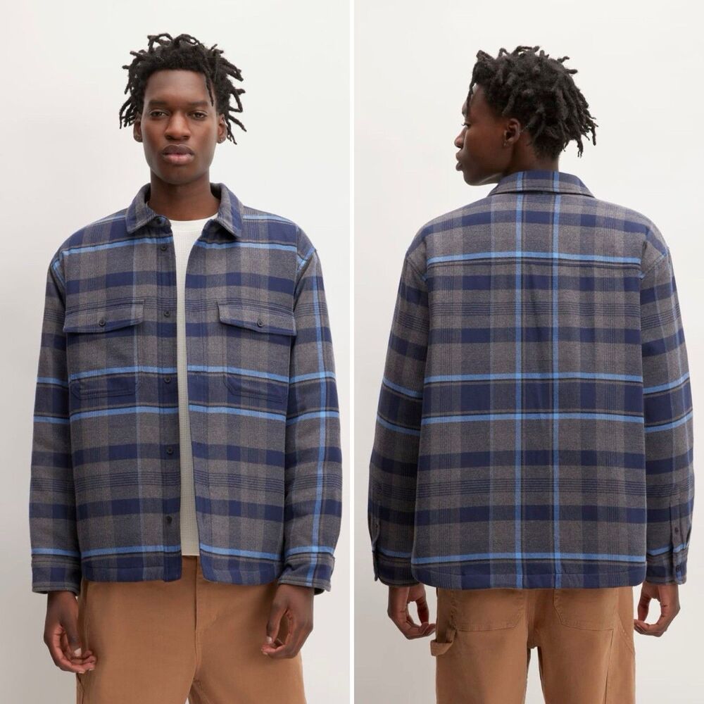 Everlane Shacket Jacket Men's Size Large Blue Gray Plaid Flannel Quilted Pockets